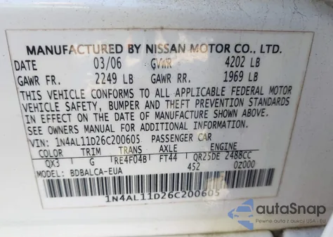 2006 Nissan Altima 2.5 S from USA, damaged, VIN 1N4AL11D26C200605